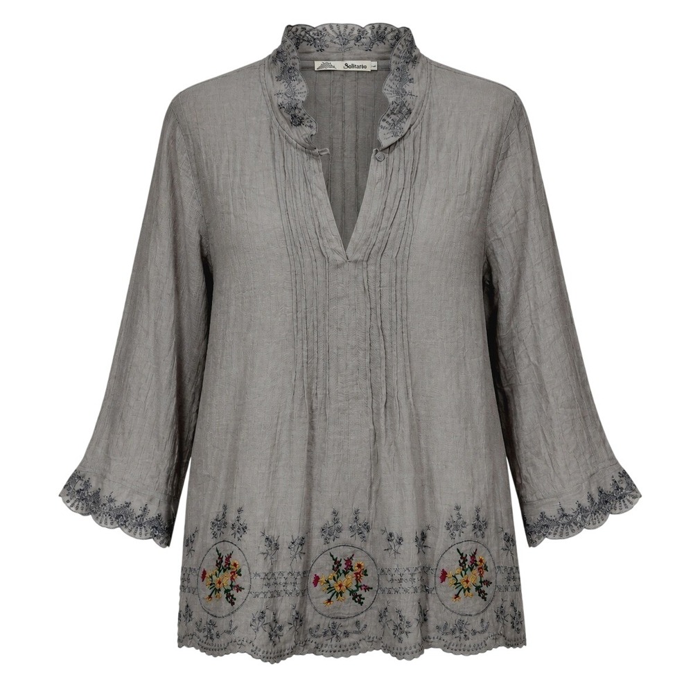 Solitaire Embroidered Circular Floral Tunic Blouse Women Gray Boho Peasant